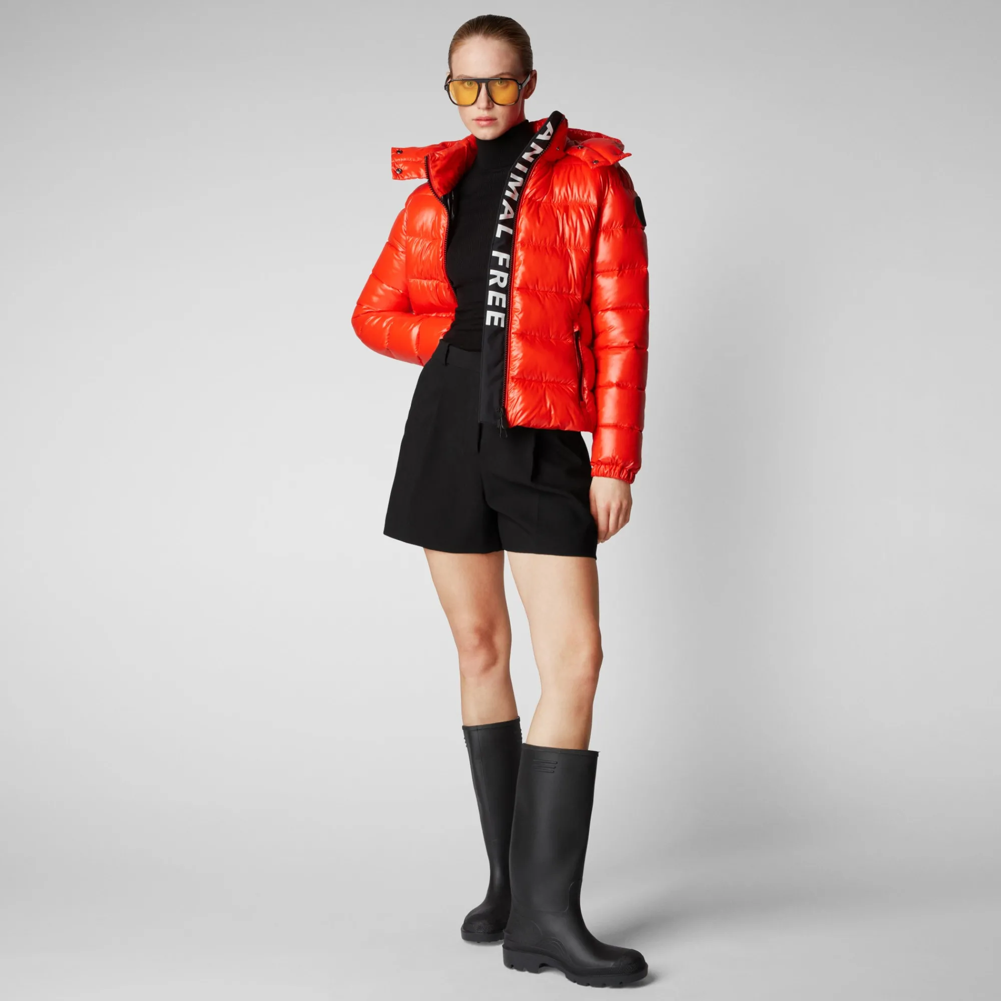 Store Save The Duck Women's Cosmary Puffer Jacket with Detachable Hood in Poppy Red PoppyRed
