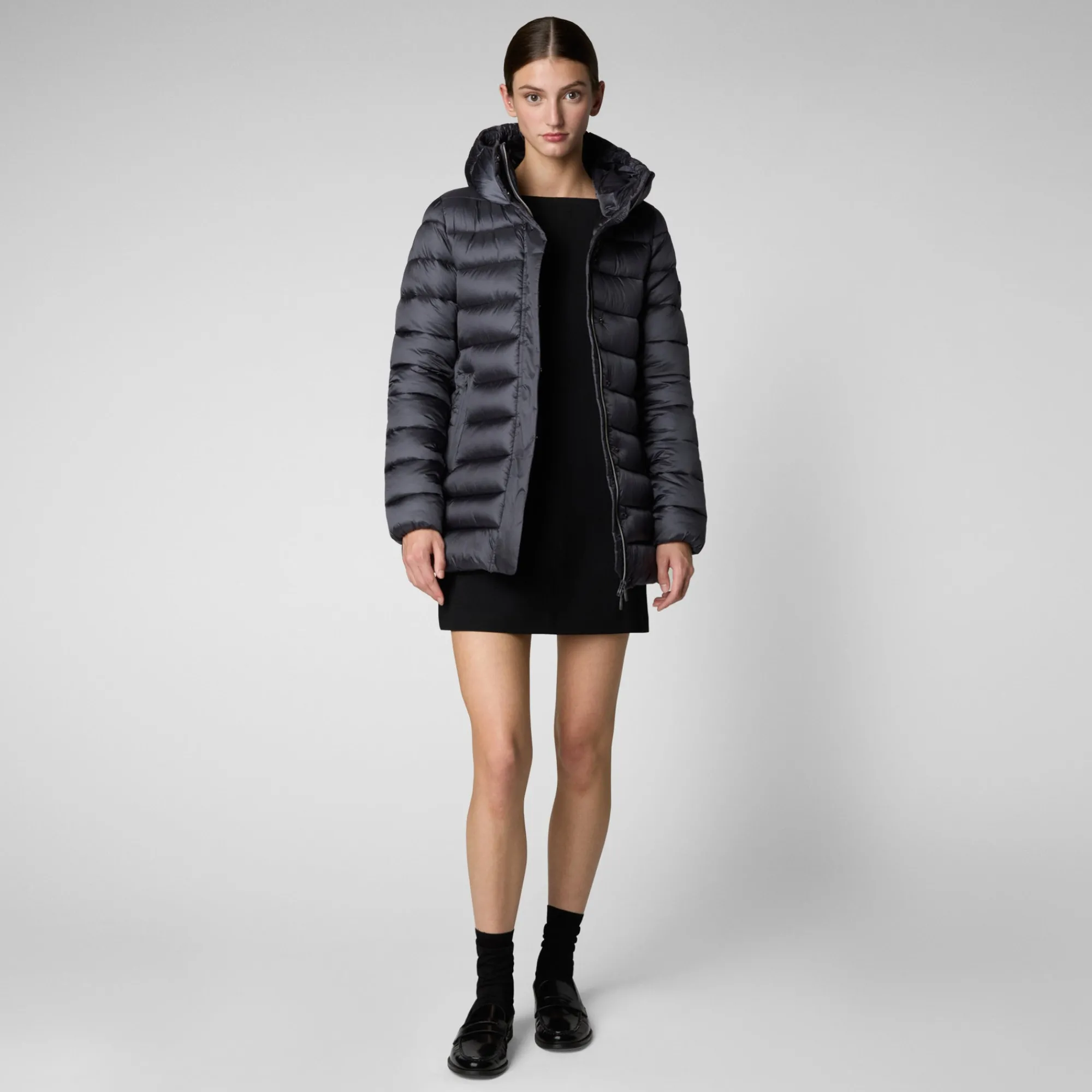 Flash Sale Save The Duck Women's Hooded Animal free Puffer Coat Drimia in Ebony Grey EbonyGrey