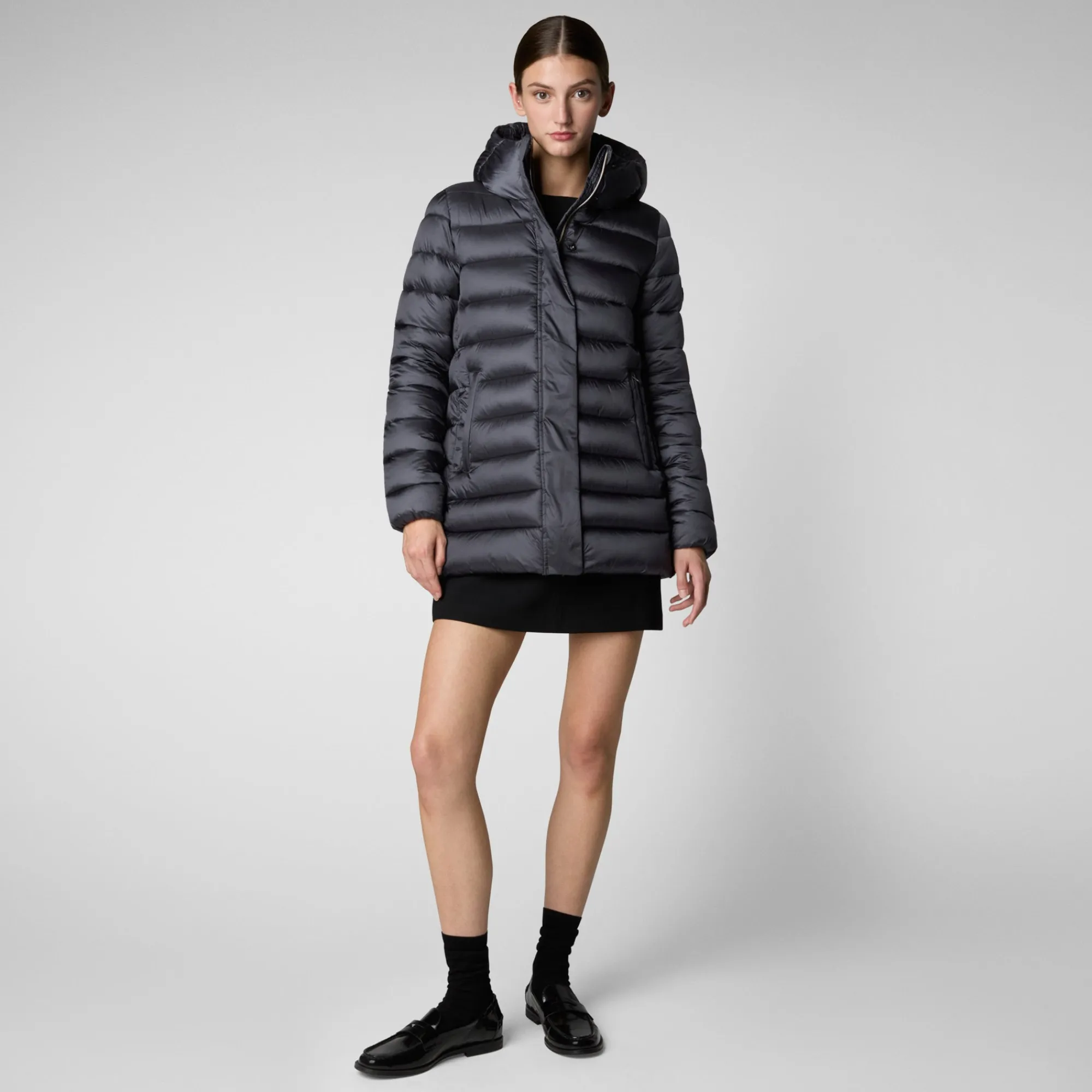 Flash Sale Save The Duck Women's Hooded Animal free Puffer Coat Drimia in Ebony Grey EbonyGrey