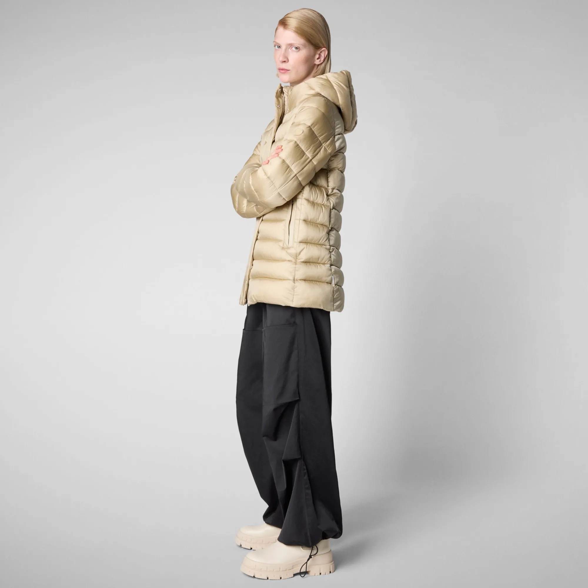 Shop Save The Duck Women's Hooded Animal free Puffer Coat Drimia in Wood Beige WoodBeige