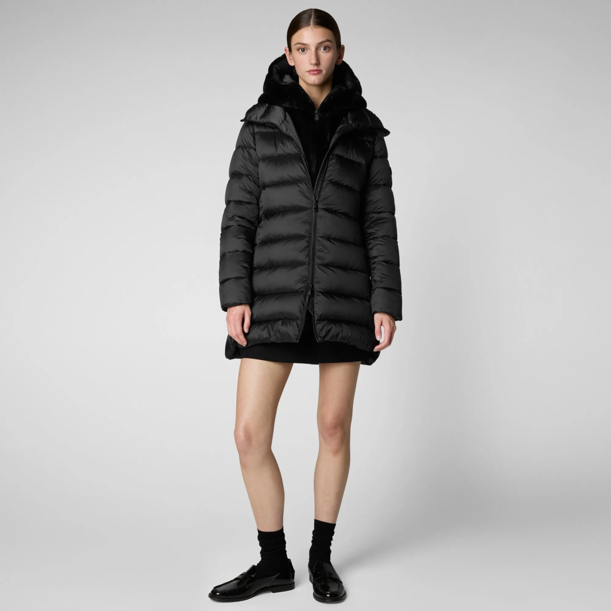 Flash Sale Save The Duck Women's Hooded Animal free Puffer Coat Matilda with Faux Fur in Black