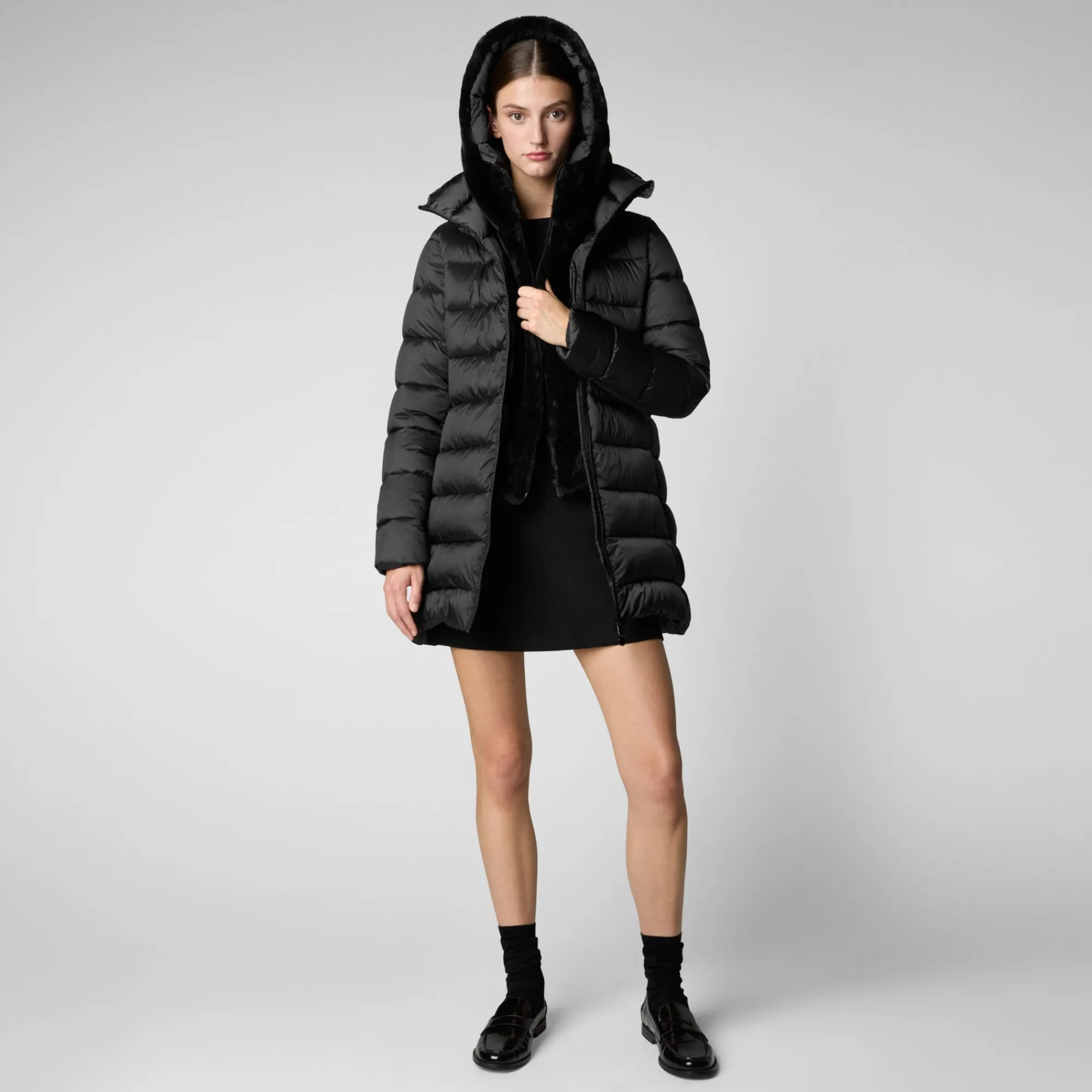 Flash Sale Save The Duck Women's Hooded Animal free Puffer Coat Matilda with Faux Fur in Black