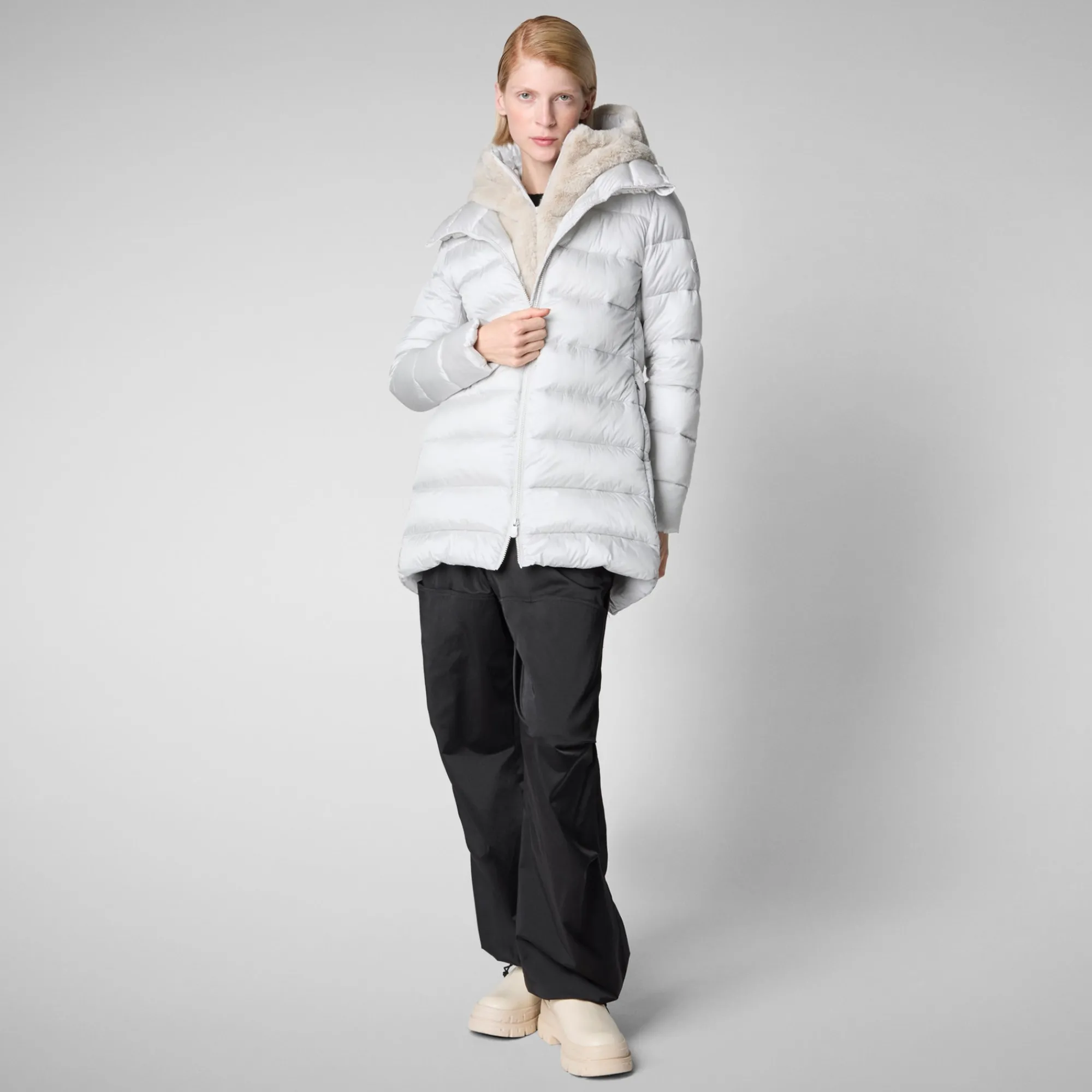 Best Save The Duck Women's Hooded Animal free Puffer Coat Matilda with Faux Fur in Fog Grey FogGrey