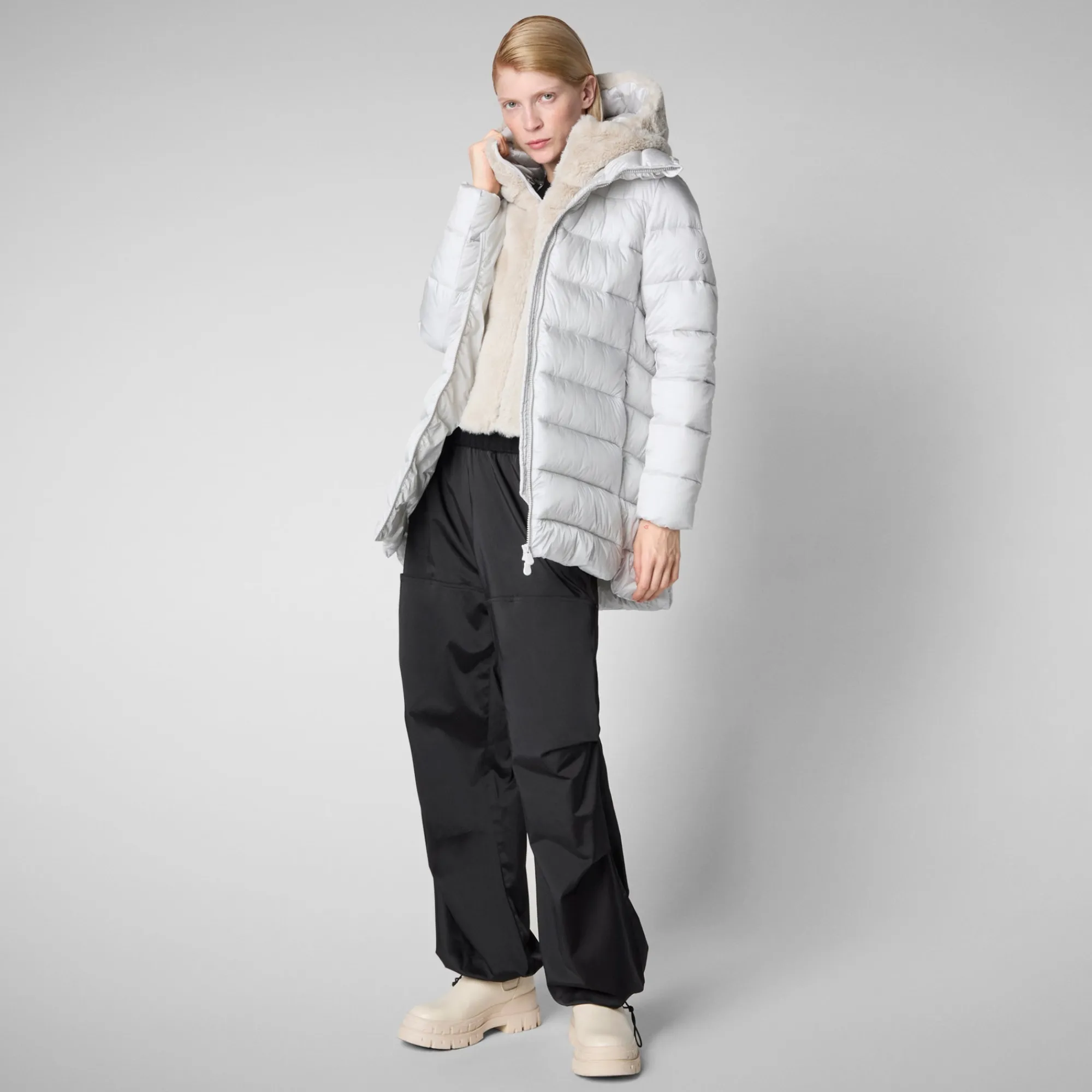 Best Save The Duck Women's Hooded Animal free Puffer Coat Matilda with Faux Fur in Fog Grey FogGrey