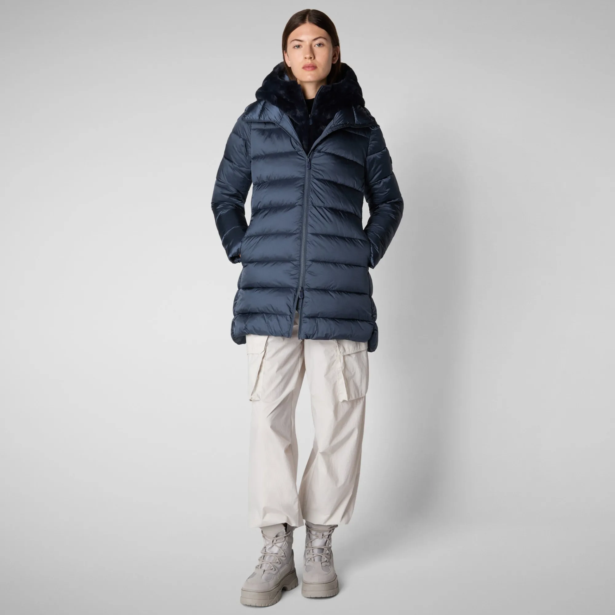 Clearance Save The Duck Women's Hooded Animal free Puffer Coat Matilda  with Faux Fur in Night Blue NightBlue