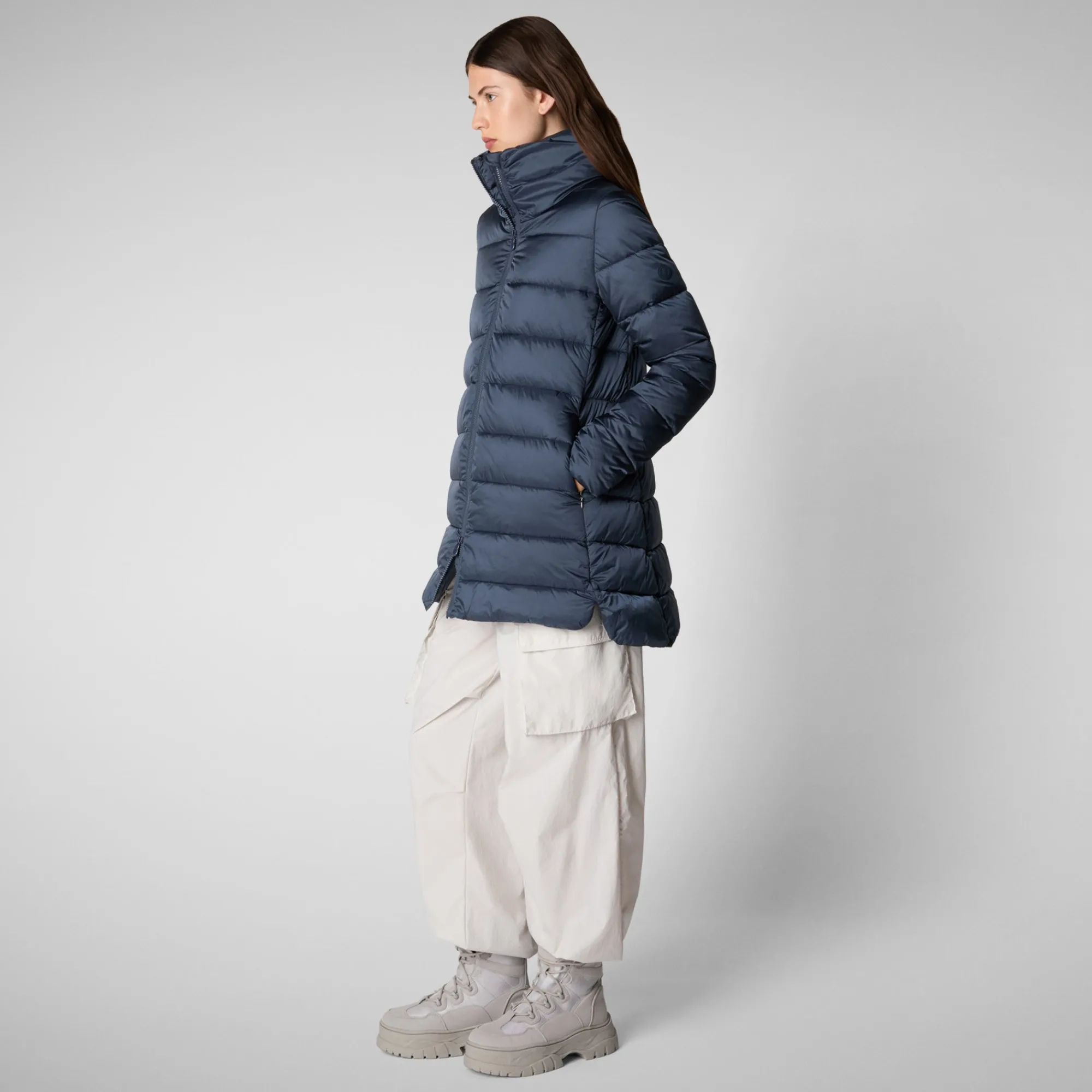 Clearance Save The Duck Women's Hooded Animal free Puffer Coat Matilda  with Faux Fur in Night Blue NightBlue