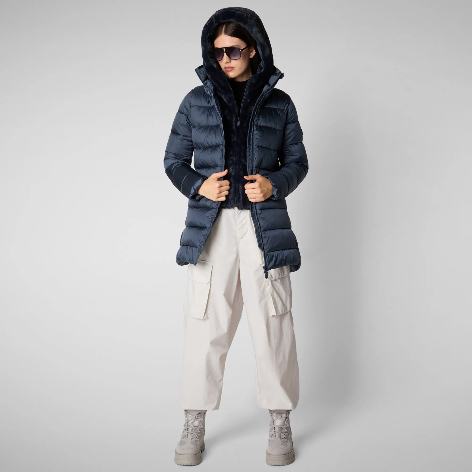 Clearance Save The Duck Women's Hooded Animal free Puffer Coat Matilda  with Faux Fur in Night Blue NightBlue