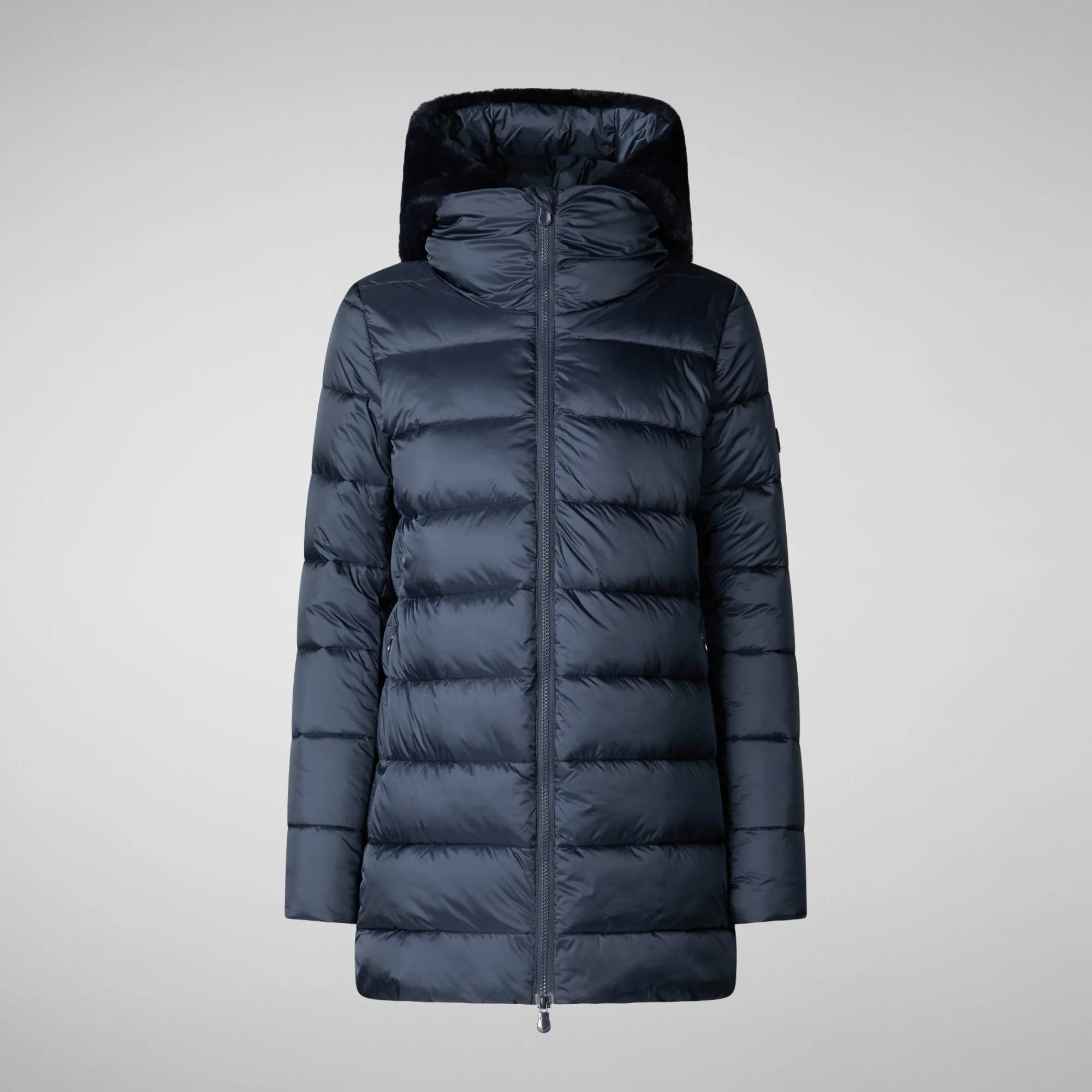 Clearance Save The Duck Women's Hooded Animal free Puffer Coat Matilda  with Faux Fur in Night Blue NightBlue