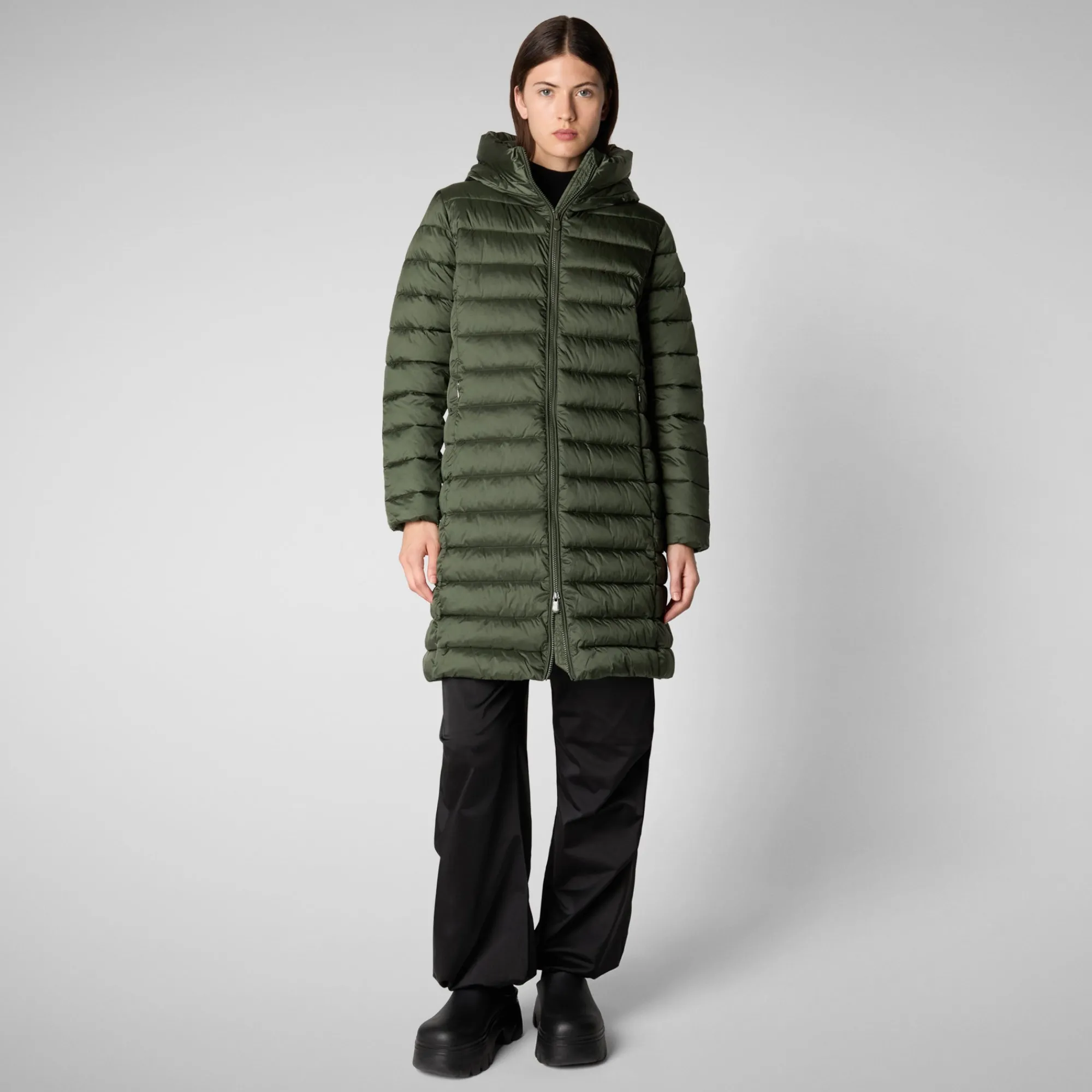 Hot Save The Duck Women's Hooded Animal free Puffer Coat Saffron in Thyme Green ThymeGreen