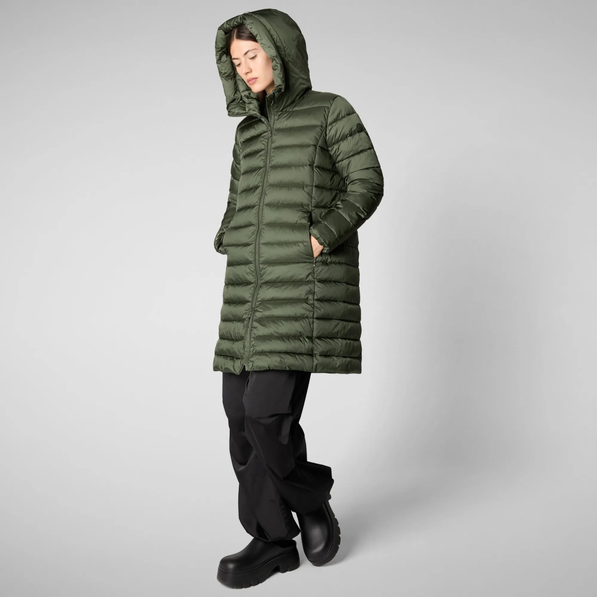 Hot Save The Duck Women's Hooded Animal free Puffer Coat Saffron in Thyme Green ThymeGreen