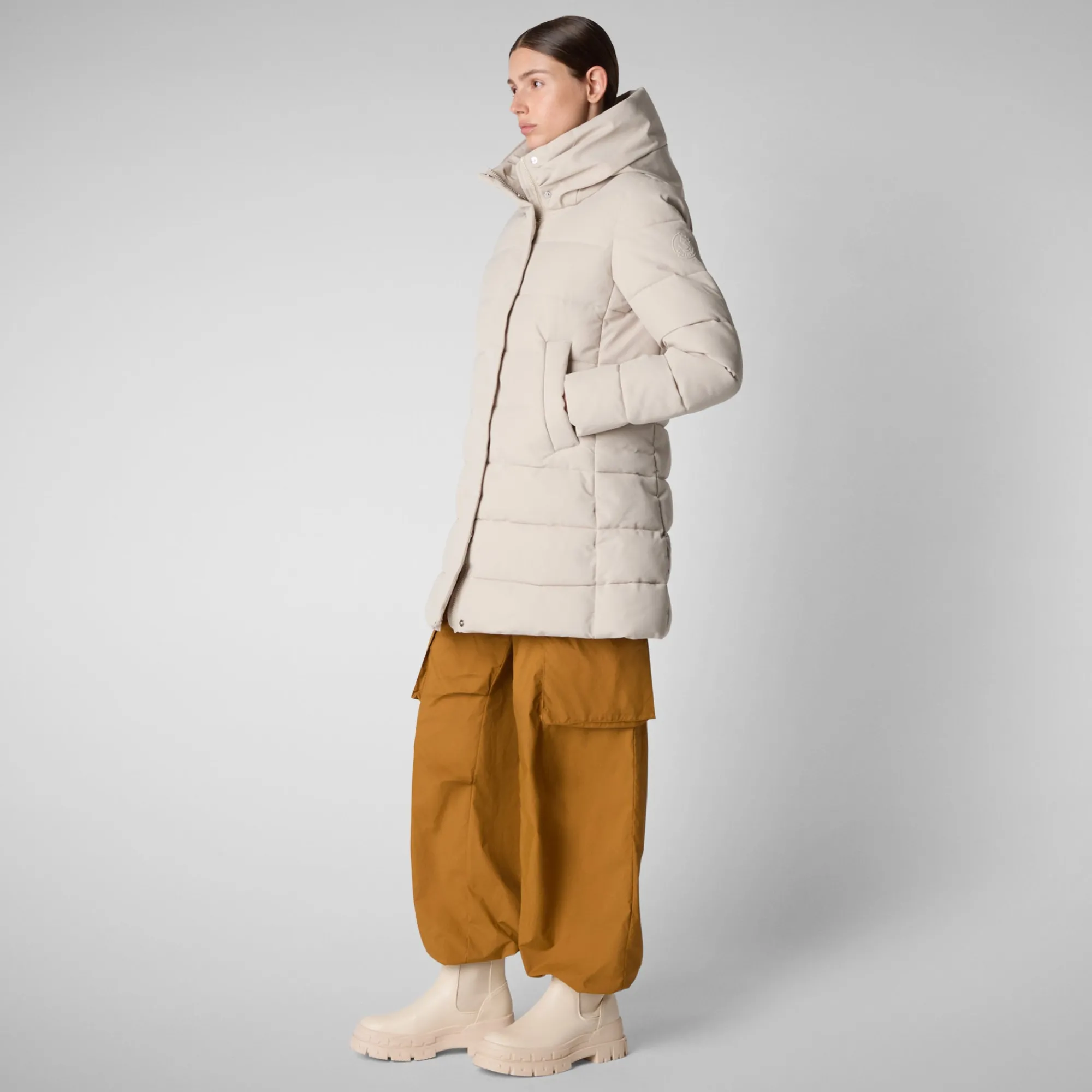 Sale Save The Duck Women's Hooded Animal free Puffer Coat Tatiana in Shore Beige ShoreBeige