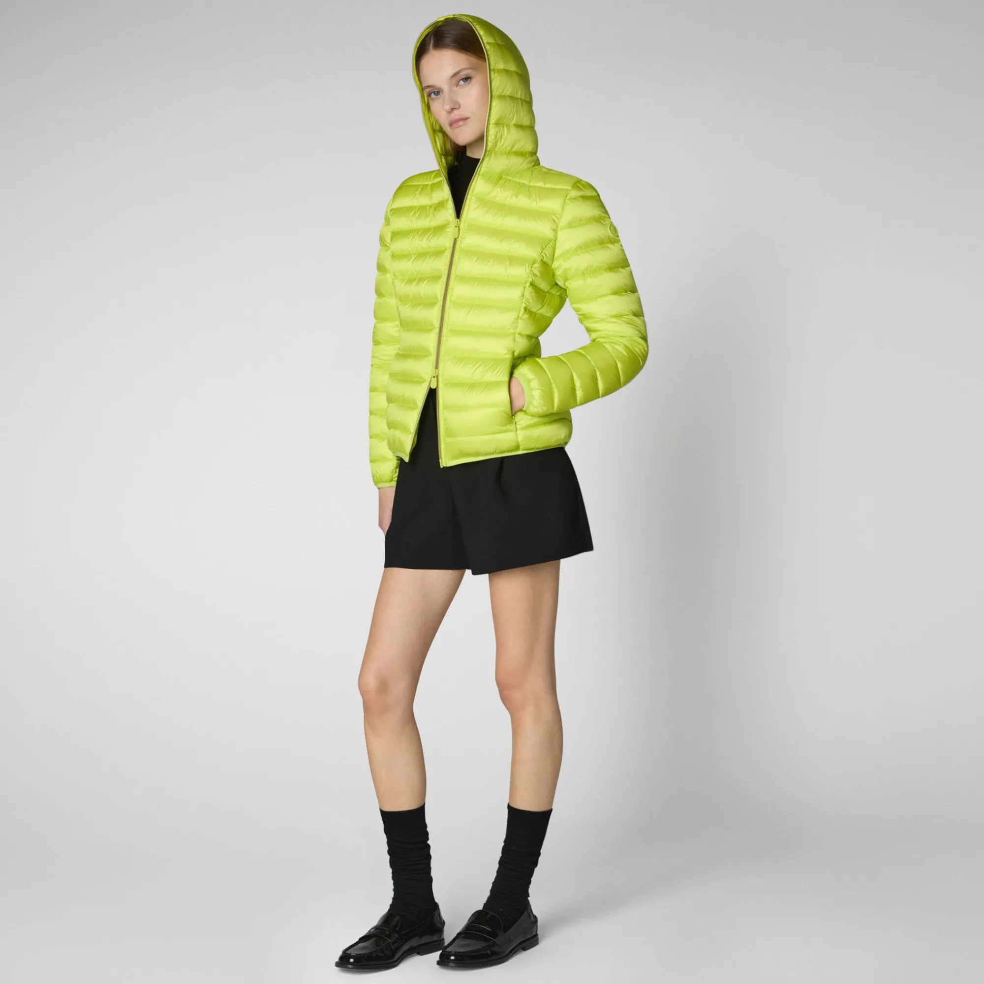Clearance Save The Duck Women's Hooded Animal free Puffer Jacket Alexis in Lichen Green LichenGreen