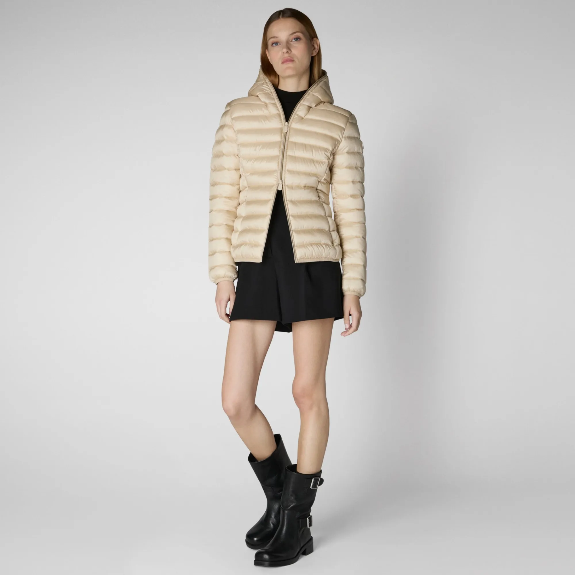 Fashion Save The Duck Women's Hooded Animal free Puffer Jacket Alexis in Shore Beige ShoreBeige