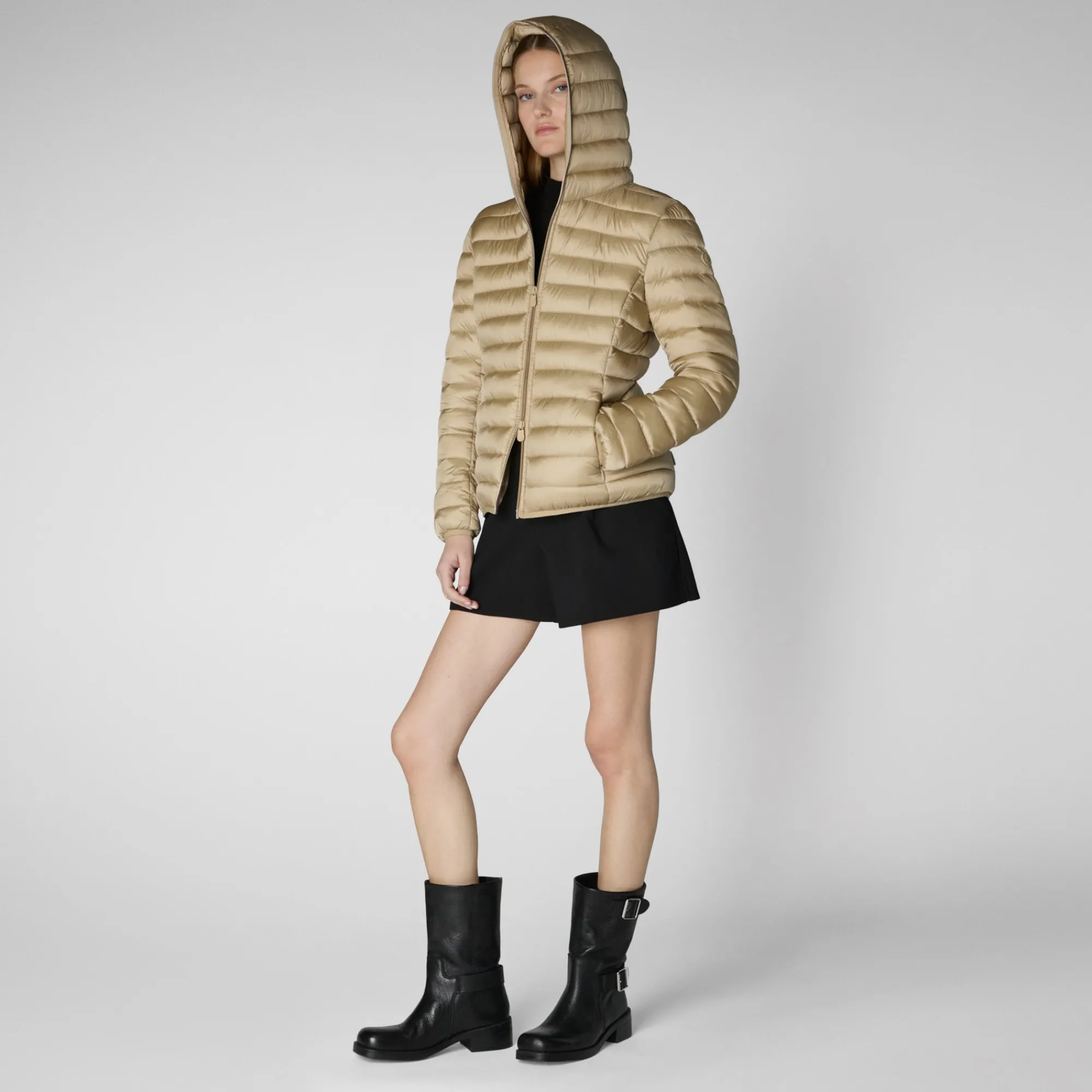 New Save The Duck Women's Hooded Animal free Puffer Jacket Alexis  in Wood Beige WoodBeige