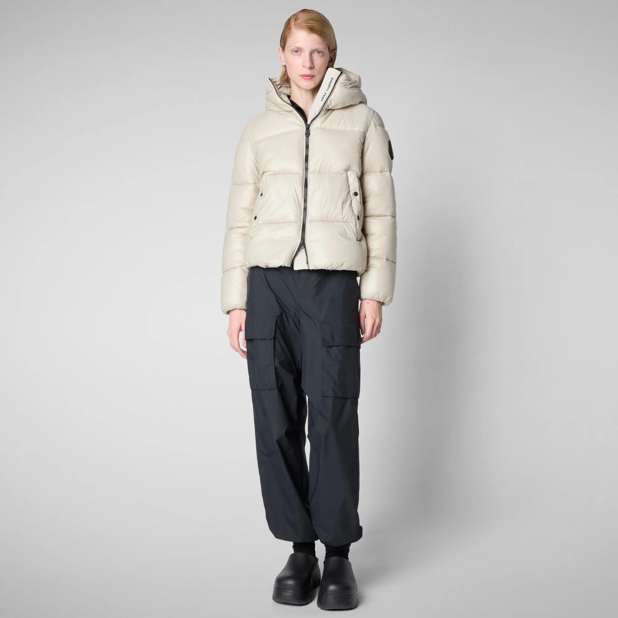 Sale Save The Duck Women's Hooded Animal free Puffer Jacket Biddy in Rainy Beige RainyBeige