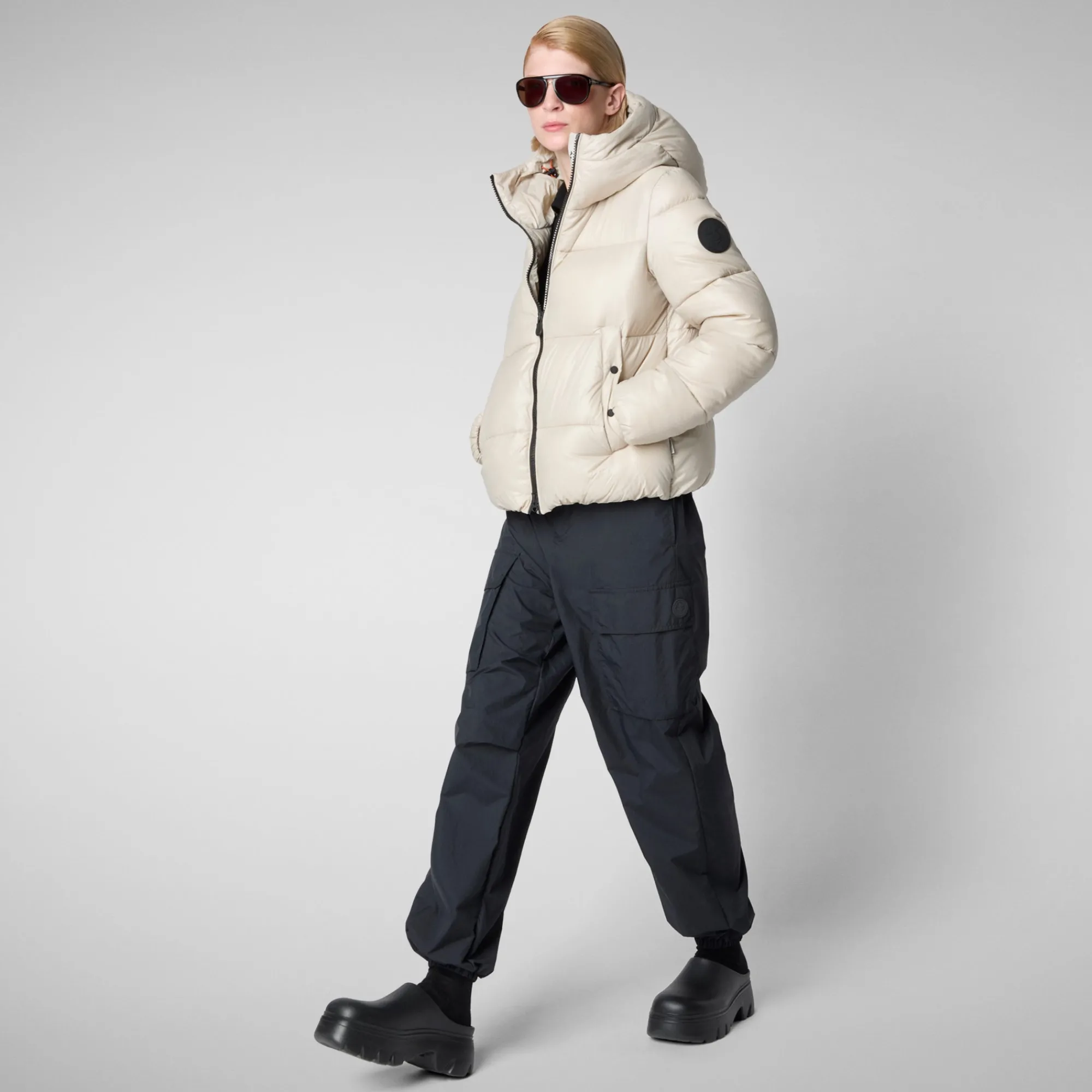 Sale Save The Duck Women's Hooded Animal free Puffer Jacket Biddy in Rainy Beige RainyBeige