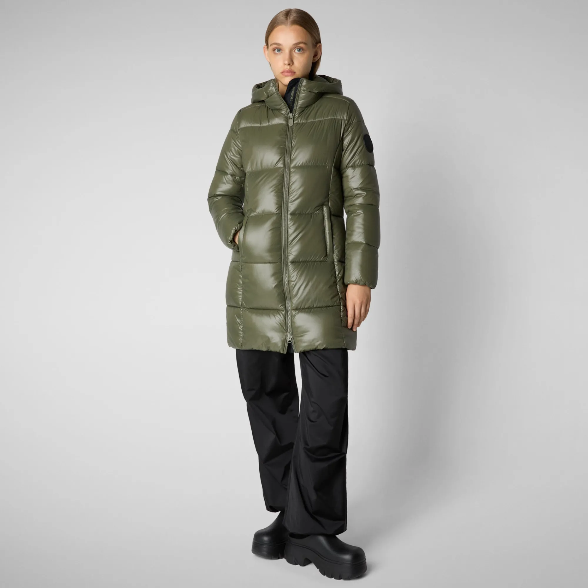 New Save The Duck Women's Hooded Animal free Puffer Jacket Ines in Laurel Green LaurelGreen