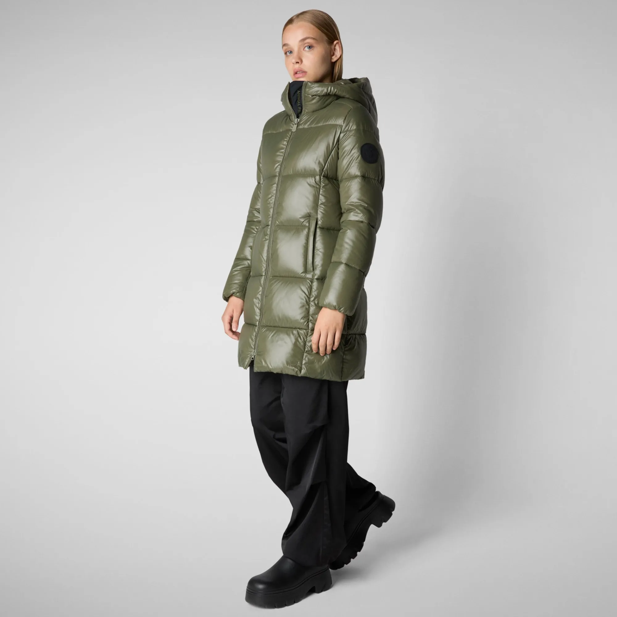 New Save The Duck Women's Hooded Animal free Puffer Jacket Ines in Laurel Green LaurelGreen