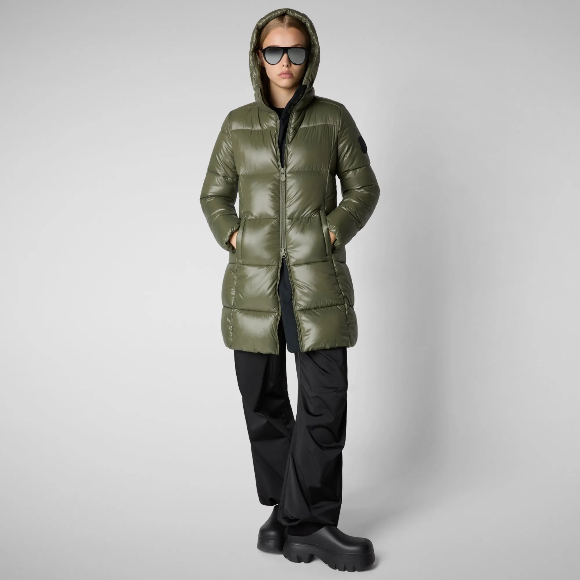 New Save The Duck Women's Hooded Animal free Puffer Jacket Ines in Laurel Green LaurelGreen