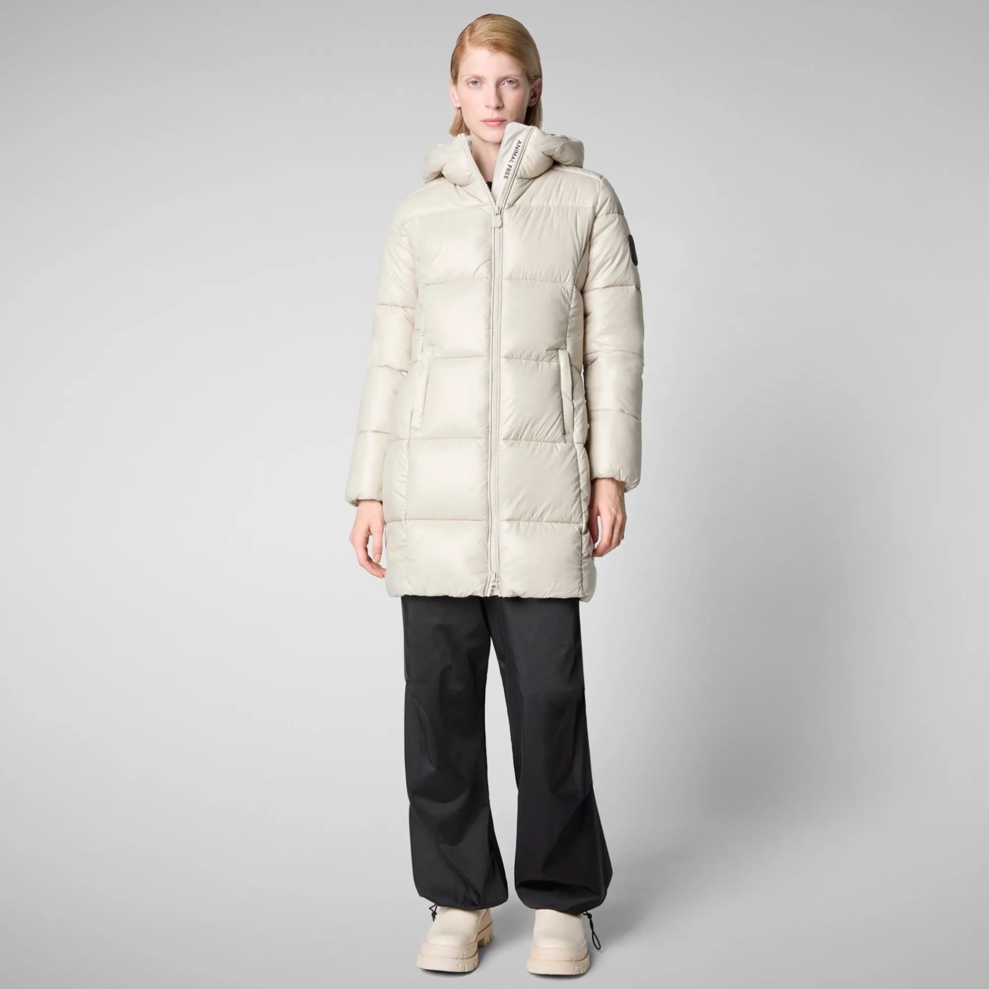 Cheap Save The Duck Women's Hooded Animal free Puffer Jacket Ines in Rainy Beige RainyBeige