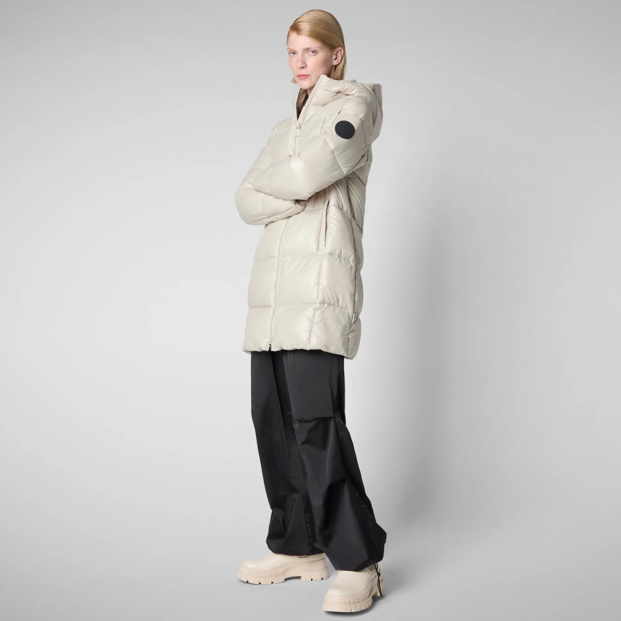 Cheap Save The Duck Women's Hooded Animal free Puffer Jacket Ines in Rainy Beige RainyBeige