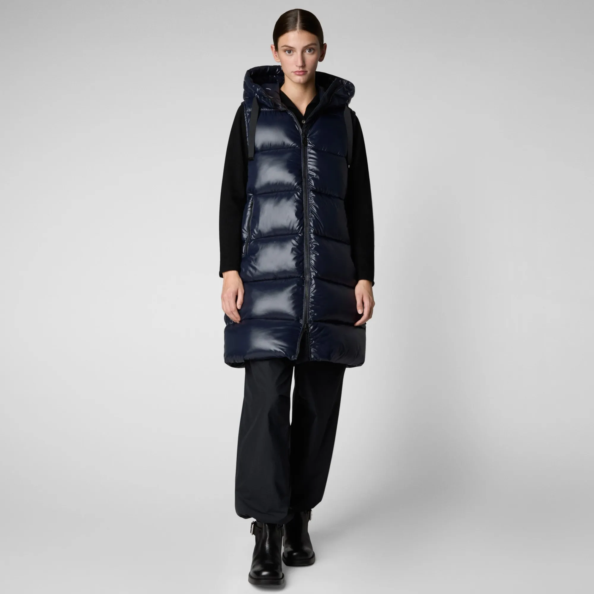 Outlet Save The Duck Women's Hooded Animal free Puffer Vest Iria in blue black BlueBlack