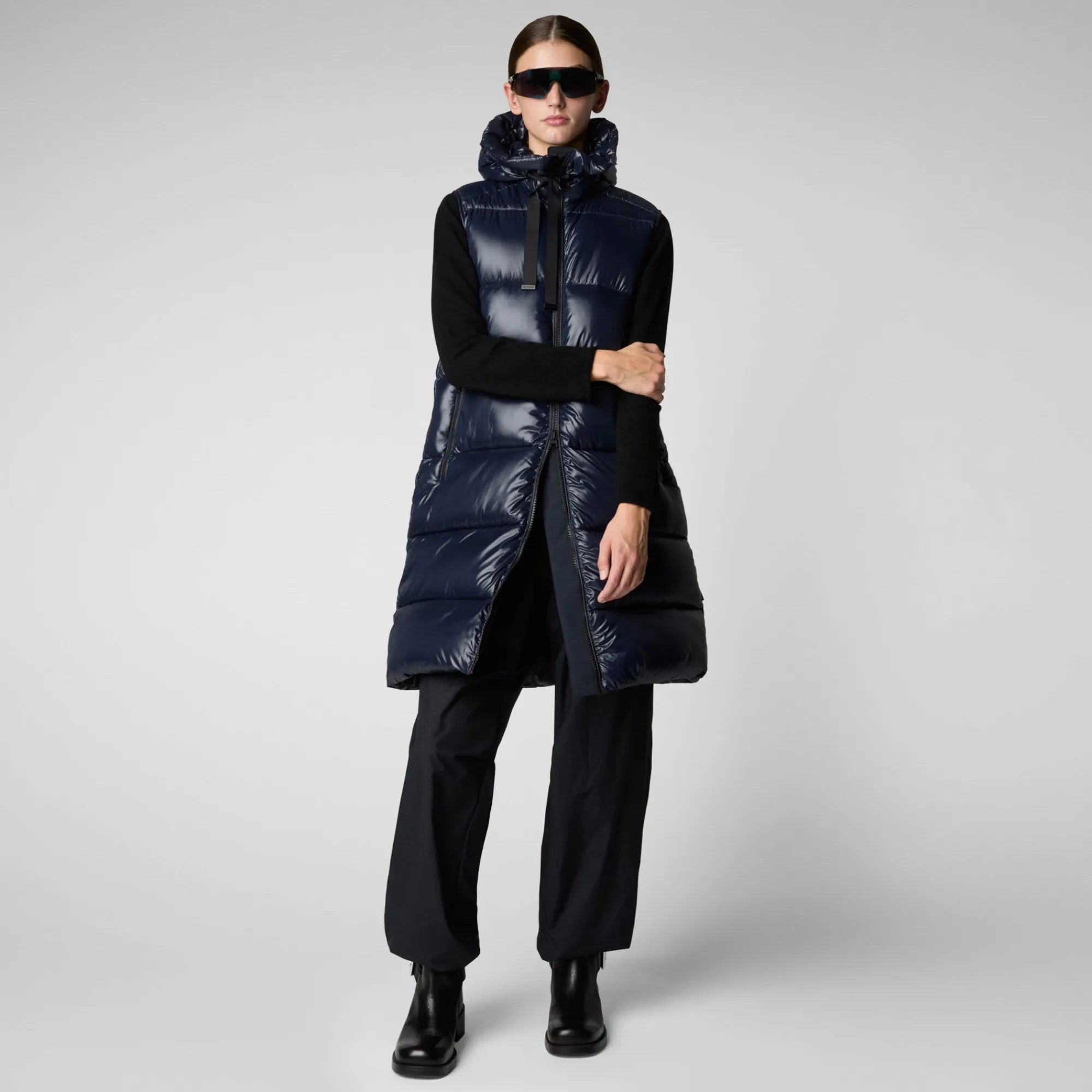 Outlet Save The Duck Women's Hooded Animal free Puffer Vest Iria in blue black BlueBlack