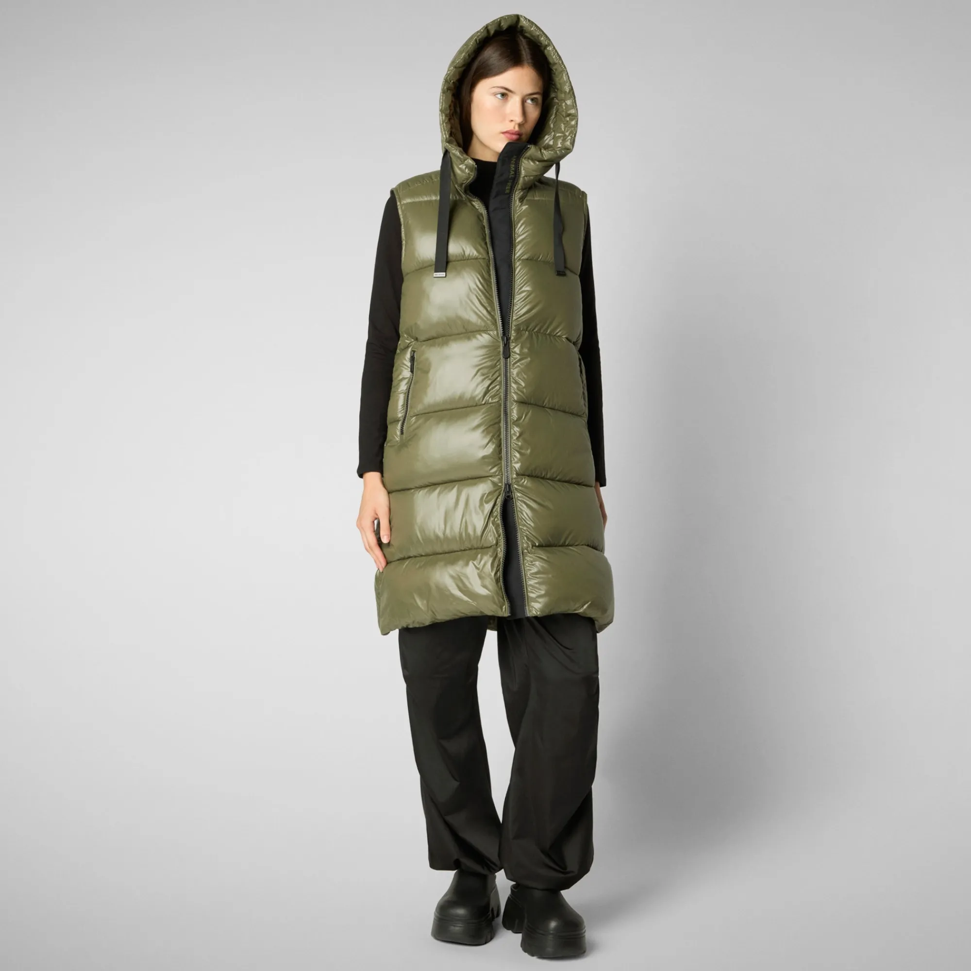 Outlet Save The Duck Women's Hooded Animal free Puffer Vest Iria in laurel green LaurelGreen
