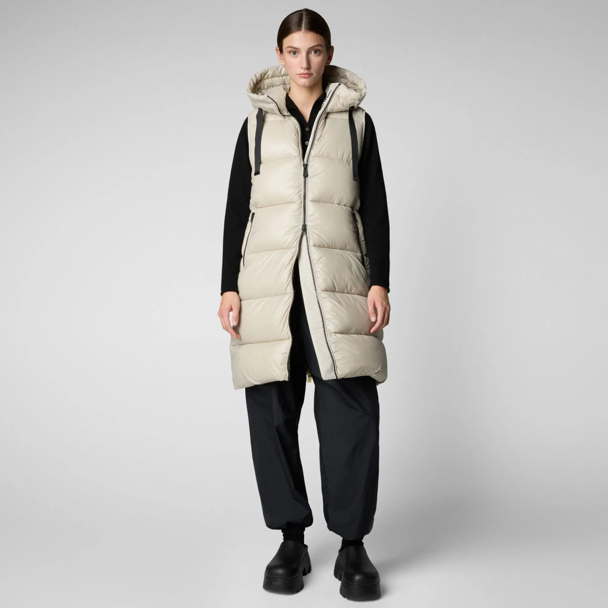 Hot Save The Duck Women's Hooded Animal free Puffer Vest Iria in Rainy Beige RainyBeige