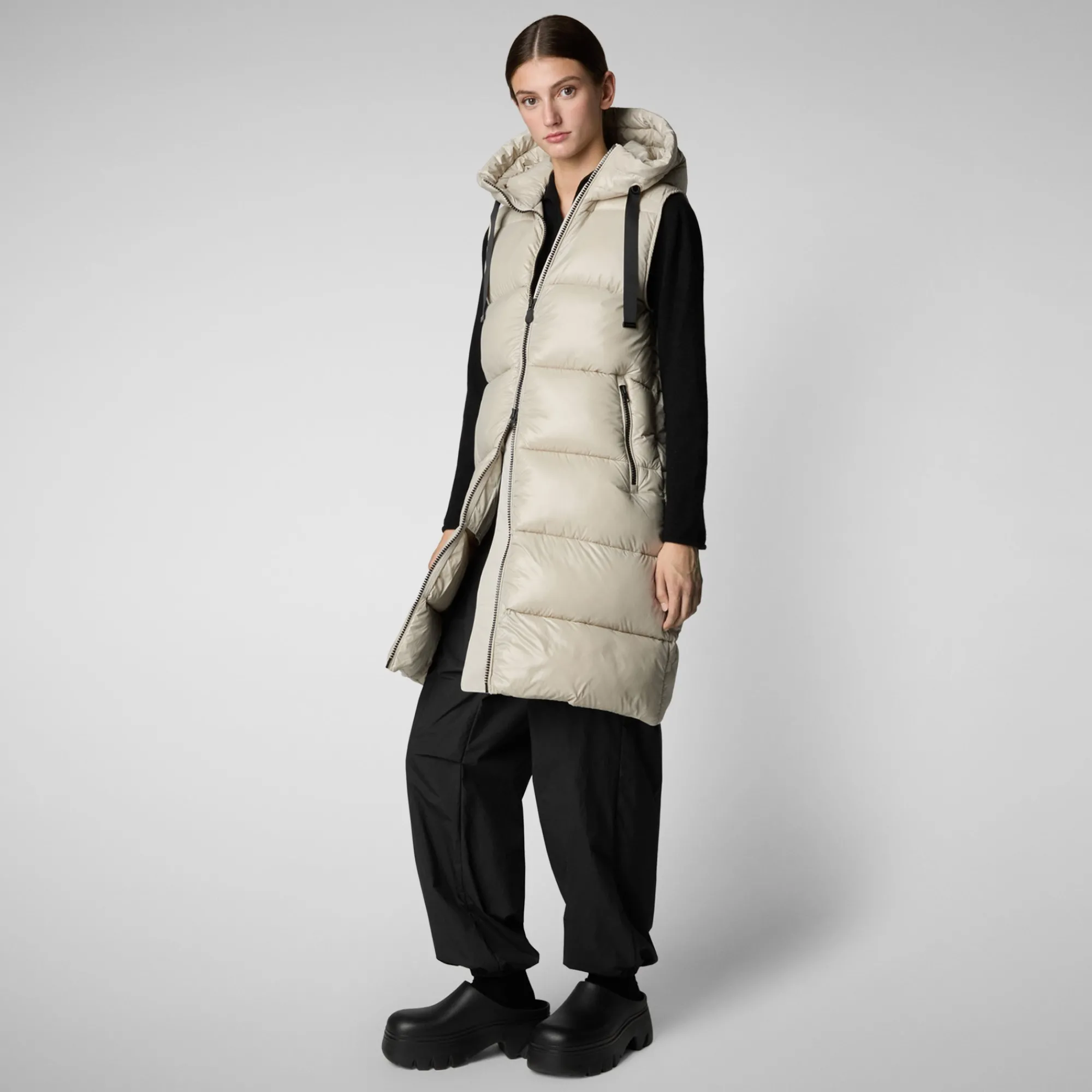 Hot Save The Duck Women's Hooded Animal free Puffer Vest Iria in Rainy Beige RainyBeige