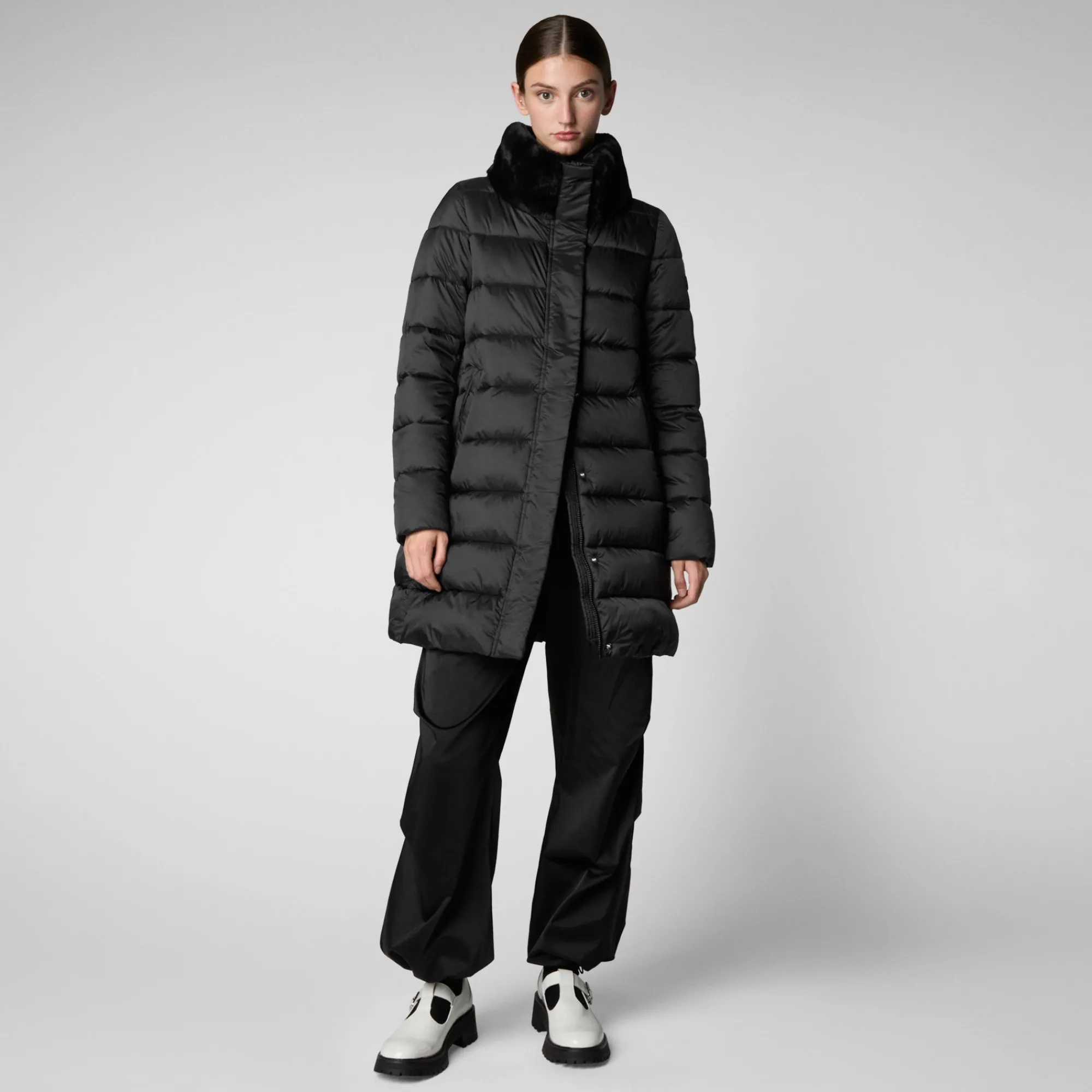 Hot Save The Duck Women's Puffer Coat Dalea with Faux Fur Collar  in Black