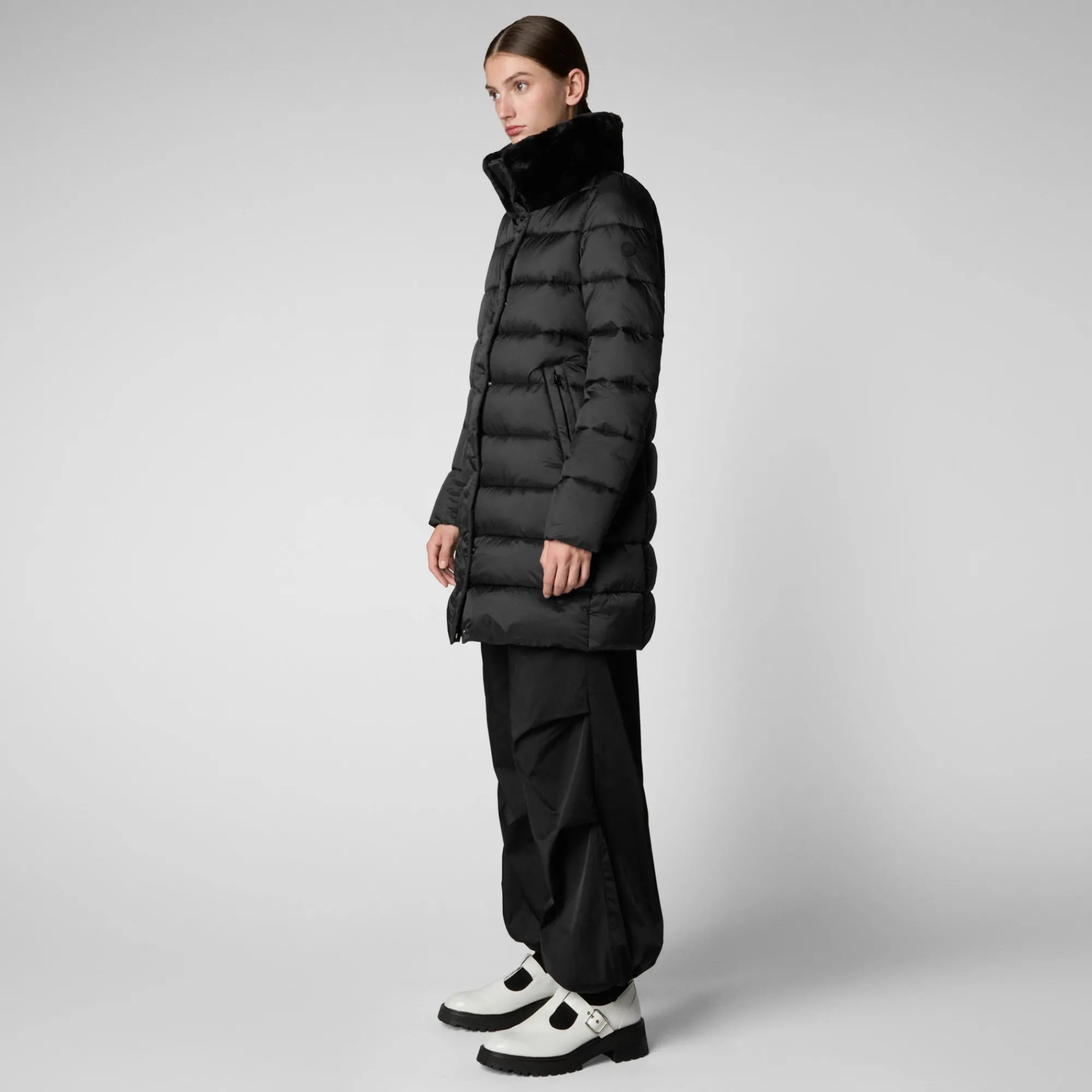 Hot Save The Duck Women's Puffer Coat Dalea with Faux Fur Collar  in Black